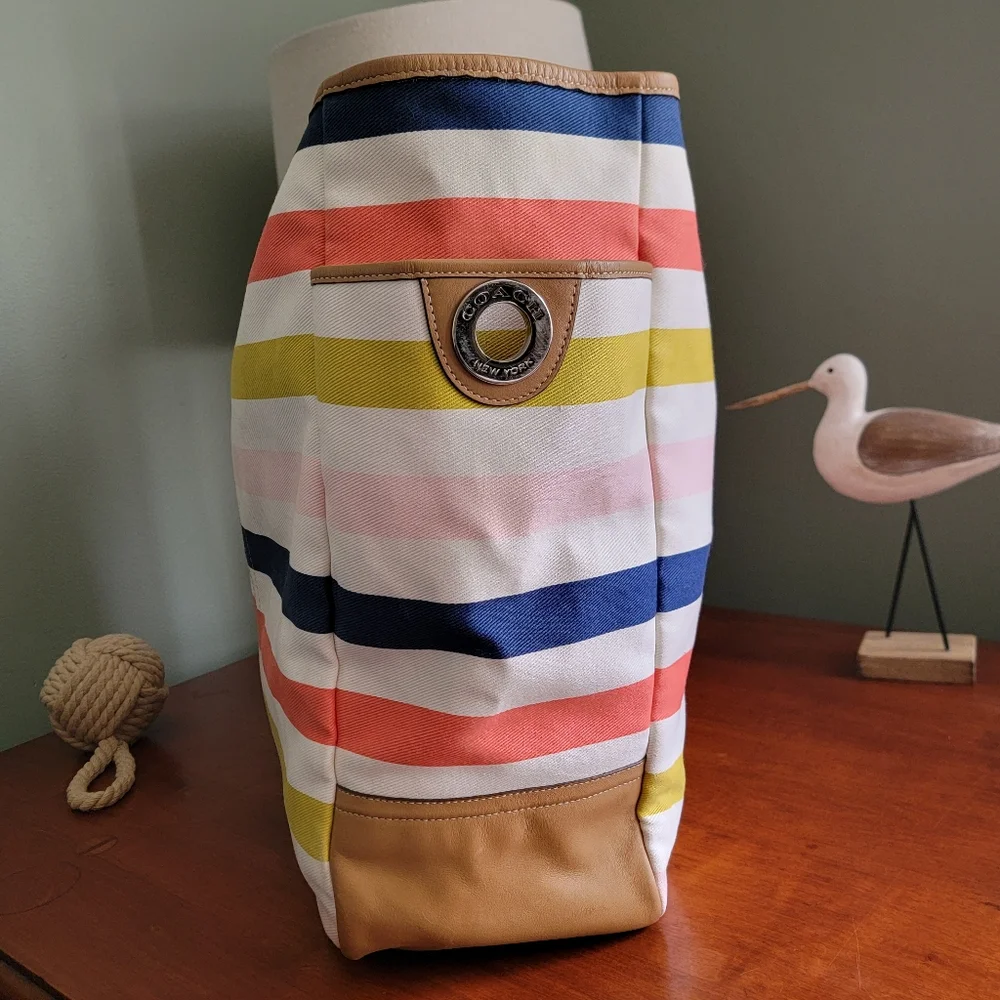 Coach F28523 Hadley Multicolor Stripe Canvas Beach Tote Bag w/ Pouch Y2K